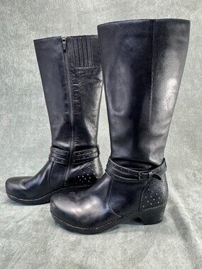 Dansko Myra Tall Clog Boots Black Leather Studded Zip Womens EU 42/11.5